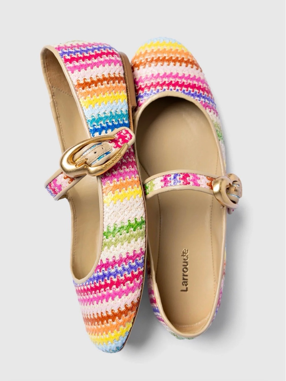 NWT Larroude Verona Ballet Flat In Rainbow Raffia and Beige Leather Size 8